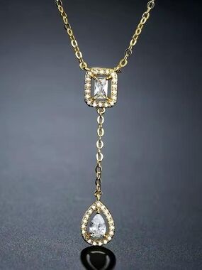 Gold Drop Necklace with Clear Stones